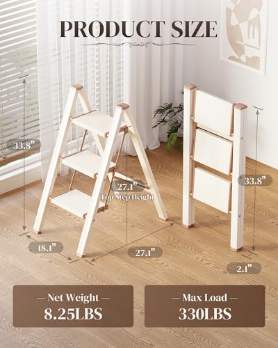 GameGem 3 Step Ladder, Folding Step Stool with Wider Pedal, Anti-Slip Feet & Non Slip Stripes, Aluminum Sturdy Material, 330Lbs Capacity, Elegant Look of Chocolate White Better Matches Your Home