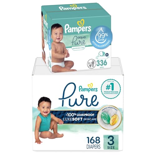 Image of Pampers Pure Protection Disposable Baby Diapers Size 3, 168 Count with Aqua Pure Baby Wipes, 6X Pop-Top Packs (336 Count)