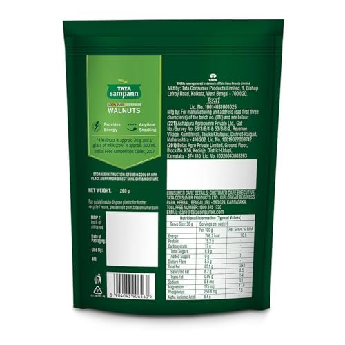 Image of Tata Sampann Premium Walnut Kernels, 200g, Dried Akhrot Giri, Healthy Snacks, Walnuts without Shell, Deluxe Size, Flavorful & Crunchy Nuts, Dry Fruits, Rich in Omega 3, Protein & Magnesium