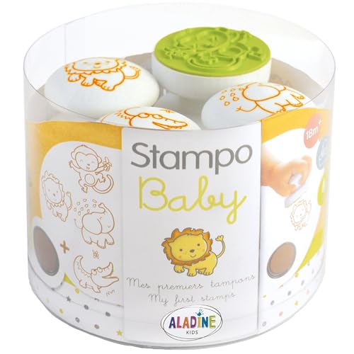 Aladine - 4 Tampons Animaux de la Savane avec Encreur, Stampo Baby, Activité Manuelle Enfant 2 Ans...