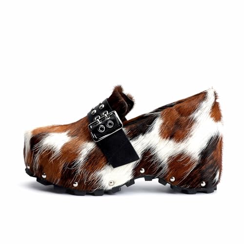 Image of XOBZJH Women's Calf Hair Print Waterproof Non-Slip Platform Professional Clogs & Mules with Arch Support-Nursing Shoes for Standing All Day