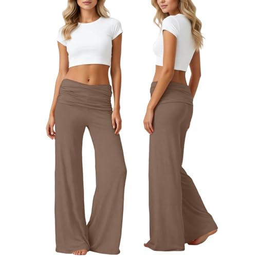 Dasongff Coral Fold Over Yoga Pants Pantalones anchos Mujer Plisado Cintura Elasticidad Recta Pantalones Correr con Bolsillo Lateral Color Sólido Streetwear Ocio Suelto Ancho Leg Teal Pants, caqui