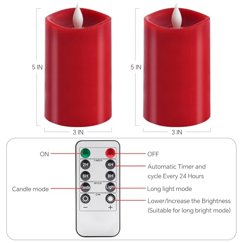 Image of 2PCS, 3 x 5 inches Flameless Candle with Remote Control, 3D Flickering Wick, Real Wax Pillar LED Candles, Battery Operated Candles,with Timer,for Holiday Home Decor, Red