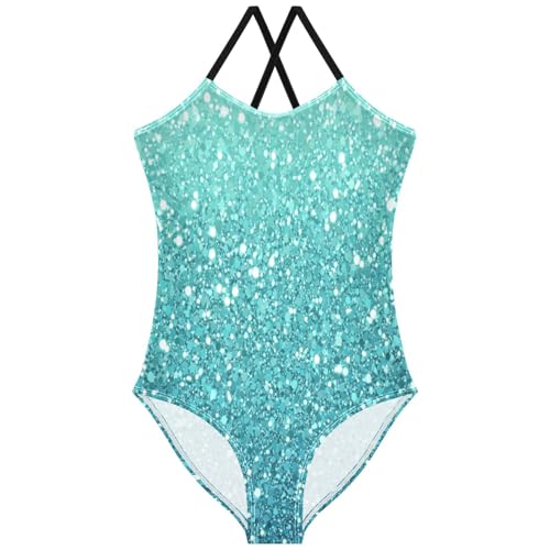 Pigsaly Girls One Piece Swimsuits Light Green Sky Blue Gradient Flashing Glitter Kids Cross Back Swimwear Bathing Suit 3T