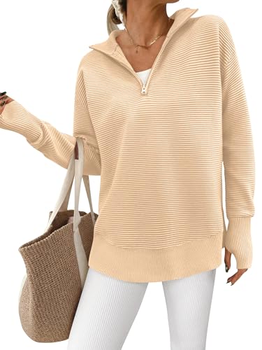 Image of PRETTYGARDEN Womens Long Sleeve Quarter Zip Pullover Sweater | Casual Loose V Neck Sweaters with Thumb Hole, Collared Ribbed Knit Jumper Tops, Oversized Tunic Tops, Fall Outfits 2026