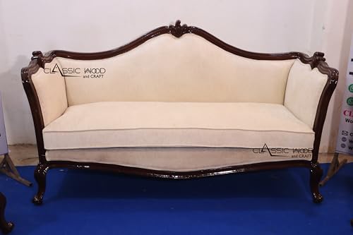 Image of CLASSIC WOOD & CRAFT Luxury Wooden Sofa Set with Center Table | Hand-Carved Solid Teak Wood Sofa Set with Upholstery | Royal Living Room Furniture for Home (Cream Dark Walnut 7 Seater)
