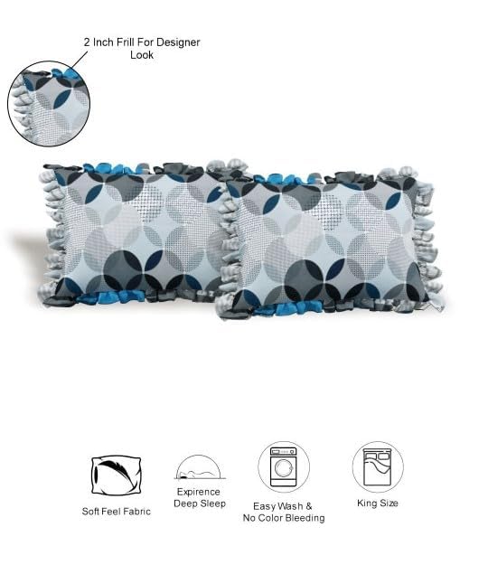 Image of King Size Fitted Bedsheet for Double Bed | 300 TC Cotton Feel Microfiber | All Around Elastic with 2 Frill Pillow Covers | Soft & Durable | (GreyGeometricFrill, Fitted - Double72x72)