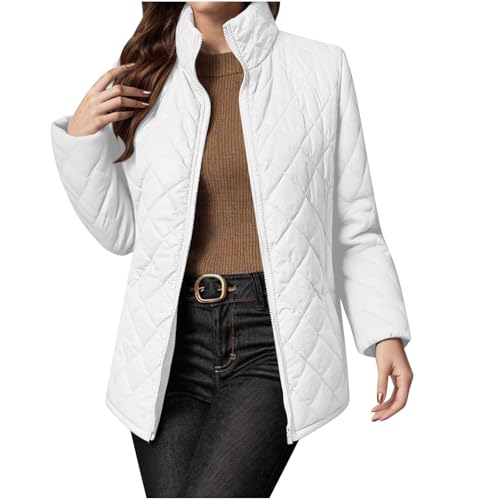 Jackets For Women Trendy Stand Collar Zip Up Diamond Quilted Coat Lightweight Solid Winter Jacket With Pockets White M