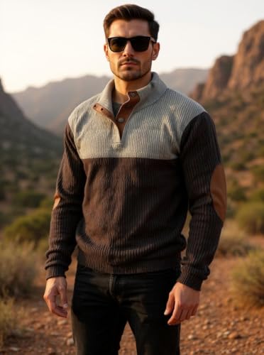 TIAFORD Men's Corduroy Stand Collar Long Sleeve Patchwork Sweatshirt Oversized Button Up Fall Outdoor Henley Pullover Tops3