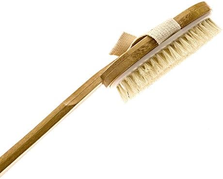 100% Natural Bath Body Brush with Long Bamboo Handle + Boar Bristles - Scrub Or Exfoliate Your Back + Dry Skin Easily with 2 Detachable Heads!