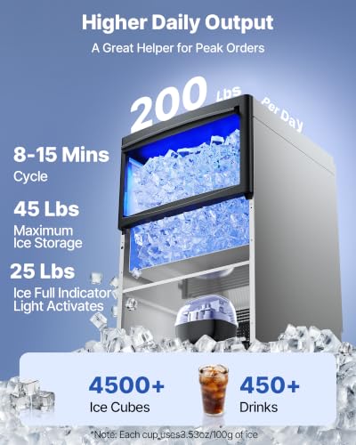 Image of VEVOR Commercial Ice Maker Machine, 200 lbs /24h with 25-50 lbs Storage Capacity, Built-in /Freestanding /Under Counter, Stainless Steel Ice Maker with LED Display & Self-Cleaning, Home Bar Restaurant