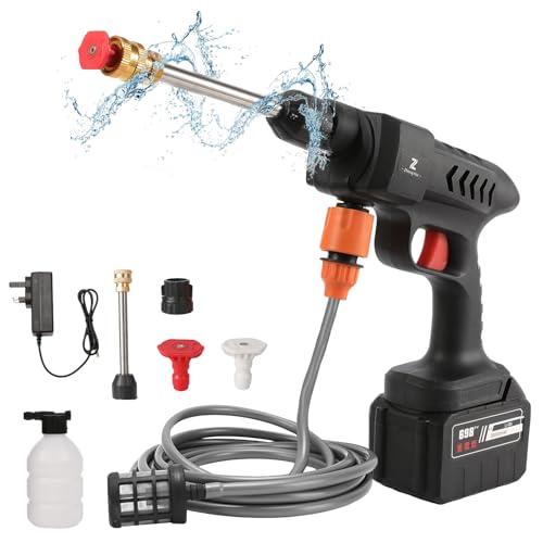 Nettoyeur Haute Pression à Batterie, 60 Bar Pistolet Haute Pression sans Fil, Pistolet à Eau pour Lavage De Voiture avec Tuyau de 5M, Pulvérisateur de Mousse, pour Le Nettoyage et Arrosage