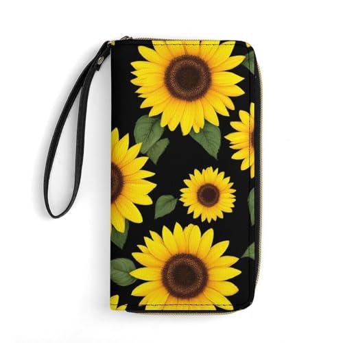 PU Leather Wallet for Women, Waterproof Card Holder Organizer Wallet Floral Black Yellow Flowers Sunflower Travel Long Zipper Clutch Purse3