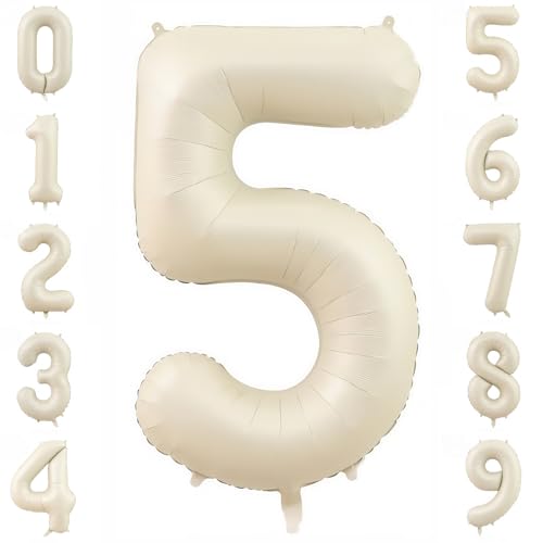 Image of Cream Number 5 Balloons,40 Inch 5 Balloons Giant Helium Foil Mylar Beige 5 Balloon Number for Birthday Party Anniversary Decorations