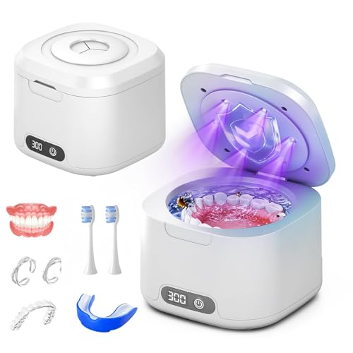 Limpiador de mantenimiento ultrasónico, limpiador de dientes ultrasonido de 49 kHz, con limpieza ultravioleta y cuatro modos, limpiador de dentaduras ultrasonido de 340 ml, protector dental