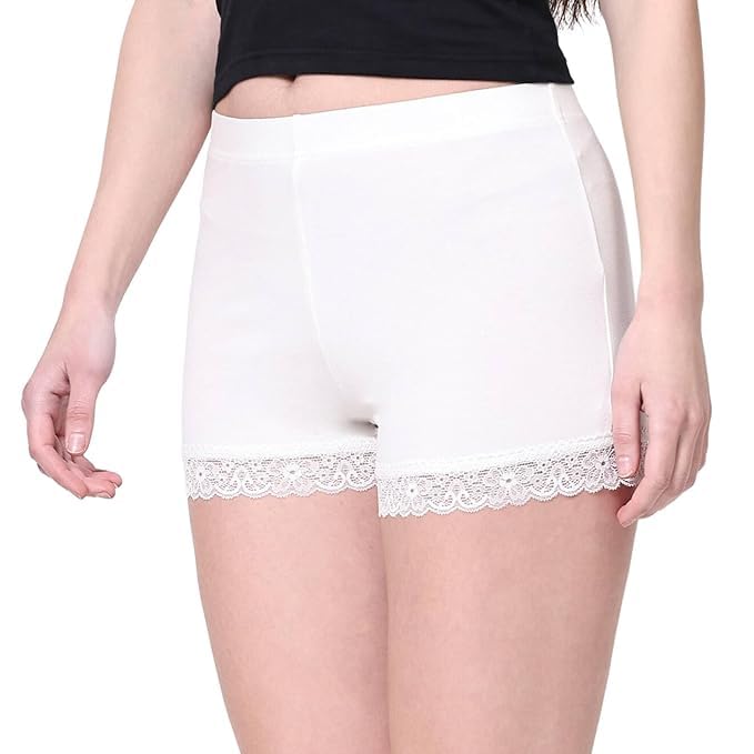 Women's Boy Leg Lace Shorts | Soft Stretchable Anti-Chafing Boyshort Panties | Comfortable Mid-Rise Lace Trim Inner Shorts for Dresses, Skirts & Everyday Wear White-image-31