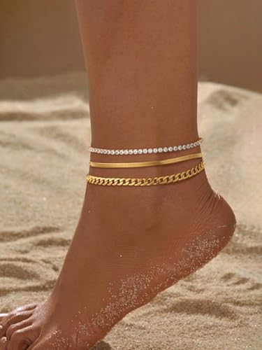 Image of FindChic Black /Silver /Gold Plated Anklets Set of 2PCS /3PCS Herringbone Chain Cuban Link Heart Charm Sparkling Tennis Ankle Bracelets, Waterproof Summer Foot Jewelry for Beach