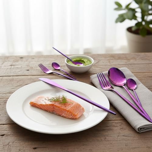 Image of Slim Handle Pink 5 Pcs Stainless Steel Cutlery Set for Dining Table, Dishwasher Safe Glossy Flatware (1 Spoon Set+1 Forks Set+1 Butter Knife+1 Dessert Spoon+ 1 Fruit Fork)