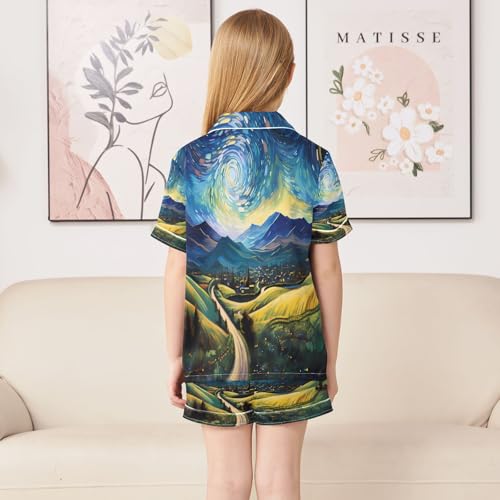 ALAZA Landscape Van Gogh Starry Night Satin Pajamas Set Short Sleeve Button Down Sleepwear Summer Pjs 2 Piece4