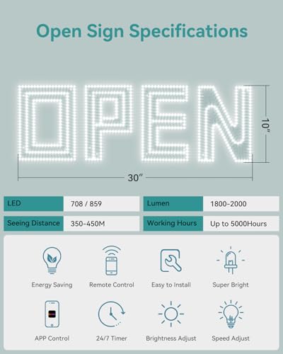 Image of 30 inchx10 inch Large LED Open Sign with Bluetooth, Remote & Timer Control - Super Bright Dimmable Business Sign for Storefront, Bar, Salon, Cafe, Retail Shops White