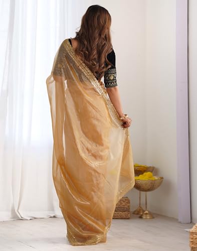 Image of SIRIL Women's Shimmer Net Sequence Embroidery Lace Saree for With Unstitched Blouse Piece