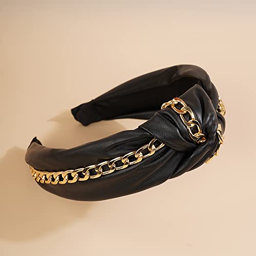Wiwpar Knotted Headbands For Women Fashion Wide Headband Vintage Knotted Head Band Hair Hoop Hair Accessories With Metal Chain (Black) #TOP4