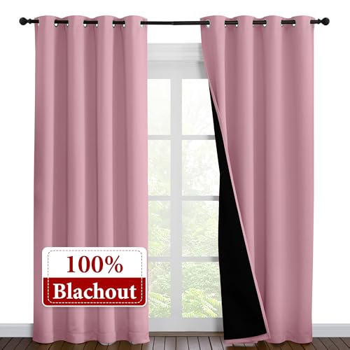 Image of NICETOWN Total Shade Curtains and Draperies, Heavy-Duty Full Light Shading Drapes with Black Liner Backing for Villa /Hall /Dorm Window（Crystal Pink, Package of 2 Panels, 52 inches Wide x 95 inches Long