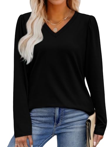 OFEEFAN T Shirts for Women V Neck Dressy Casual Blouses Puff Long Sleeve Fall Outfits Tops Loose Fit4
