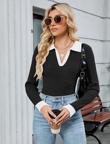 ZAFUL Women's Fall V Neck Sweater Collared Long Sleeve Polo Shirts Ribbed Knit 2025 Winter Pullover Tops4