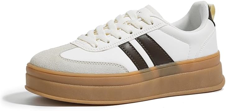 LEYING Women's Chunky Platform Sneakers - Retro Vintage Leather Casual Tennis Shoes- Thick Rubber Gum Sole Low Top Lace-Up Classic Walking Shoes