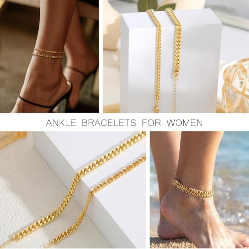 Image of iF YOU Gold Ankle Bracelets for Women, 14k Gold Plated Waterproof Cuban Link Chain Anklets Set, Layered Anklet Bracelets for Women Beach Gift Adjustable Size 5pcs