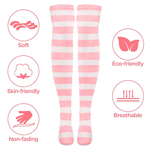 Littleforbig Cute Knee High School Girl Long Striped Socks 2 Pairs - Pink and Black2