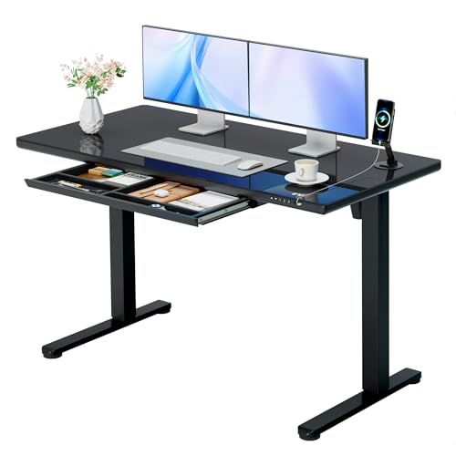 Furmax Glass Standing Desk with Drawers, Electric Adjustable Home Office Sit Stand Desk with One-Piece Desktop & USB Charging Port for Computer Desks (Black Glass, 48 Inch)