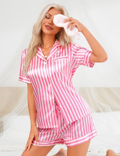 Satin Pajama Set for Women Sexy 2 Piece Short Sleeve Lounge Set Silk Lingerie Button Up Pjs Cute Soft Sleepwear4