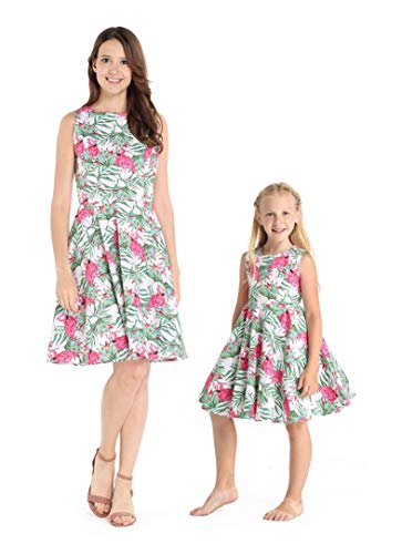 Matching Hawaiian Luau Mother Daughter Vintage Fit and Flare Dresses in Flamingo in Love
