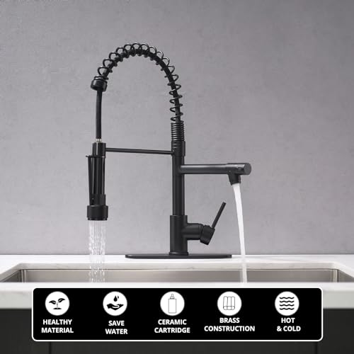 Image of AIMADI Black Kitchen Faucet with Pull Down Sprayer,Commercial Single Handle | Stainless Steel High Pressure Kitchen Faucet Black with Deck Plate 1 or 3 Hole for Farmhouse Bar Laundry Outdoor Sink