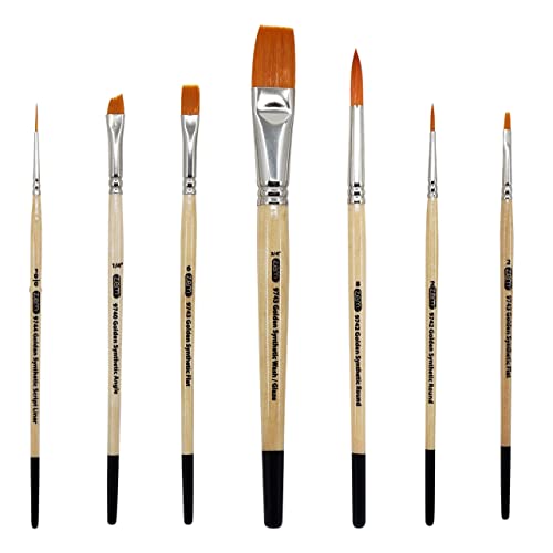 Zem Brush Golden Synthetic Brush Set 7 Pcs Brushes Wash 3/4", Flats 2 & 6, Angle 1/4", Rounds 2 & 8, Liner 10/0 #TOP22