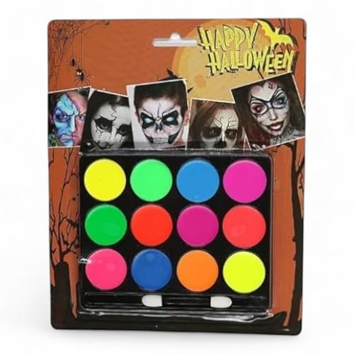 Image of Face & Body Paint Oil Palette - 12 Neon Colours Professional Makeup Kit for Kids & Adults | Non Toxic, Safe, Waterproof Body Paint for Halloween, Costume, SFX, Tattoo, Party, Festival, Fancy Dress