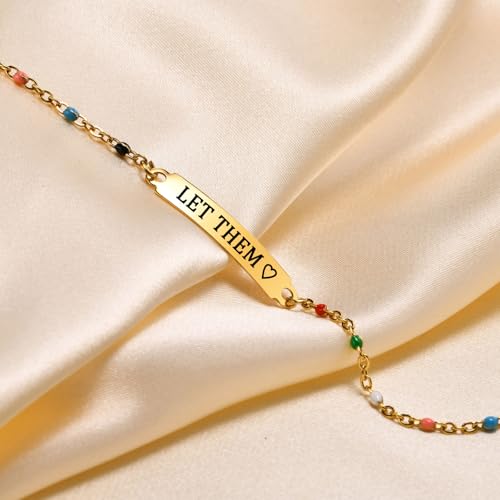Let Them Dainty Colorful Beaded Bracelet, Self Worth Motivational Stainless Steel Engraving Tube Bracelets Inspirational Chain Crystal Energy Friendship Bracelet Jewelry for Women Men3