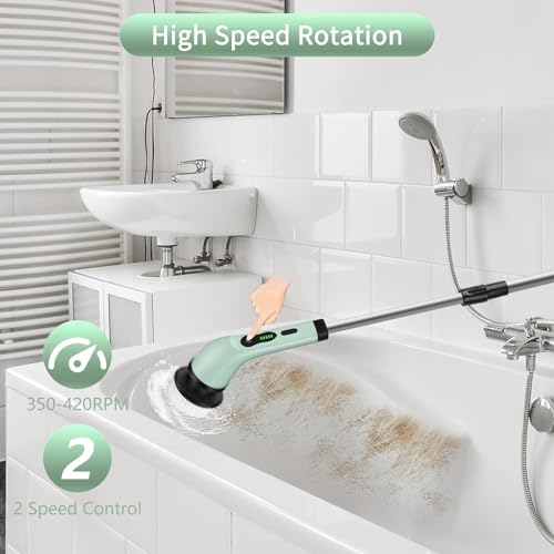 Electric Spin Scrubber, Adjustable Handle Shower Scrubber Cordless Electric Cleaning Brush with 6 Replacement Brush Heads Electric Rotating Scrubber for Bathtub, Sink, Tile - Image 7