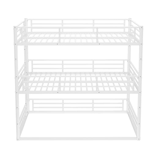 Image of Queen Over Queen Over Queen Bunk Bed with Safety Guardrails, Modern Metal Triple Bed Frame for Kids, No Box Spring Required, White