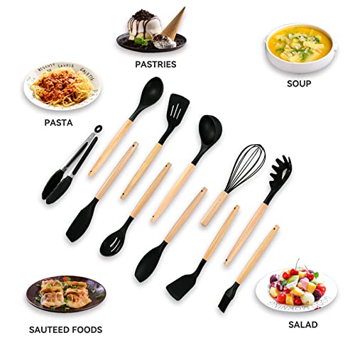 Kitchen Silicone Utensil Set,12 Pcs Non-Stick Silicone Kitchen Cooking Utensils With Wood Handles,Kitchen Spatula Cookware Utensils Set For High Heat Resistant Silicone Kitchen Gadgets Set(Black) #TOP5