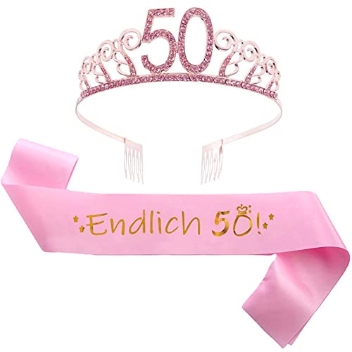 Lot de 2 écharpes et diadèmes pour anniversaire 50e anniversaire - Rose - Écharpes d'anniversaire - Couronne en cristal - Pour femme - 50e anniversaire - Cadeau de fête