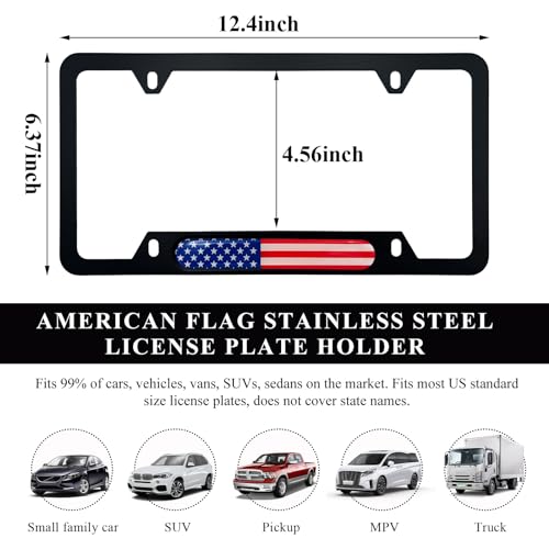 Image of 2 PCS Flag License Plate Frame, American Flag Patriotic Stainless Steel Auto Plate Cover, Vintage US Rust-Proof Vehicle License Plate Holder, Universal Car Accessories (Black&Colorful)