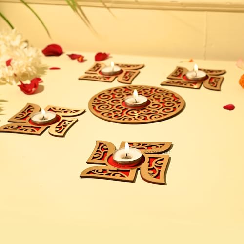 Image of Ascension Swastik MDF Rangoli Set with Tealights Candels Reusable Rangoli Stencil Diwali Decoration Items for Home Decor Navratri Pongal Pooja Mandir Diwali Decor (Swastik Tealight Candle Holder)