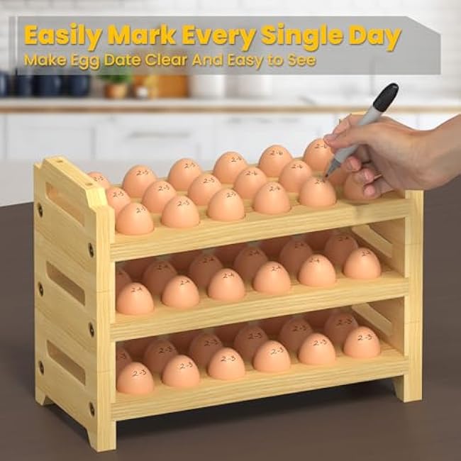 Egg Holder Countertop, 3-Tier Stackable Wooden Egg Holder for 54 Eggs, Space Saving Countertop Organizer, Multi-Size Egg Storage Rack for Chicken Duck Turkey Quail Eggs, Natural