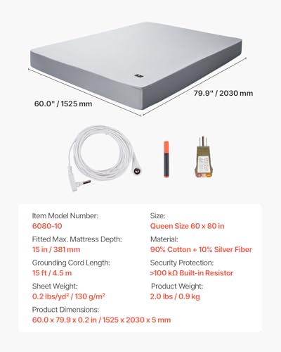 Image of VEVOR Grounding Sheets, Queen Size, 90% Cotton + 10% Pure Silver Fiber, Earth Grounded Fitted Bed Sheets, with Grounding Cord & Tester, for Improved Sleep & Wellness (Gray, Queen - 60 x 80 x 15 in)