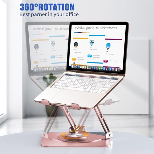 Image of Laptop Stand for Desk, Adjustable Computer Stand with 360 Rotating Base, Ergonomic Laptop Riser for Collaborative Work, Foldable & Portable Laptop Stand, fits for All 10-16 inch Laptops (Rose Gold)