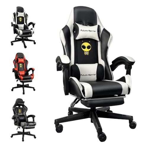 Future Warrior Ergonomischer Gaming-Stuhl mit Fußstütze, Kopfstütze und Lendenwirbelstütze Höhenverstellbarer gepolsterter Gaming-Stuhl PC-Sessel Drehstuhl Schwarz (Schwarz-Weiß)