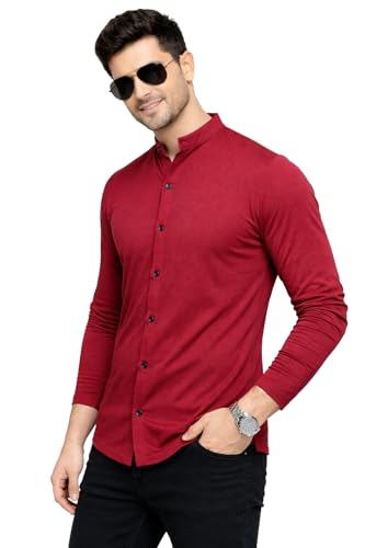 Image of Blisstone Men's Band Collar Shirt - Full Sleeve Slim Fit Casual Cotton Blend Mandarin Collar Button Down Shirt